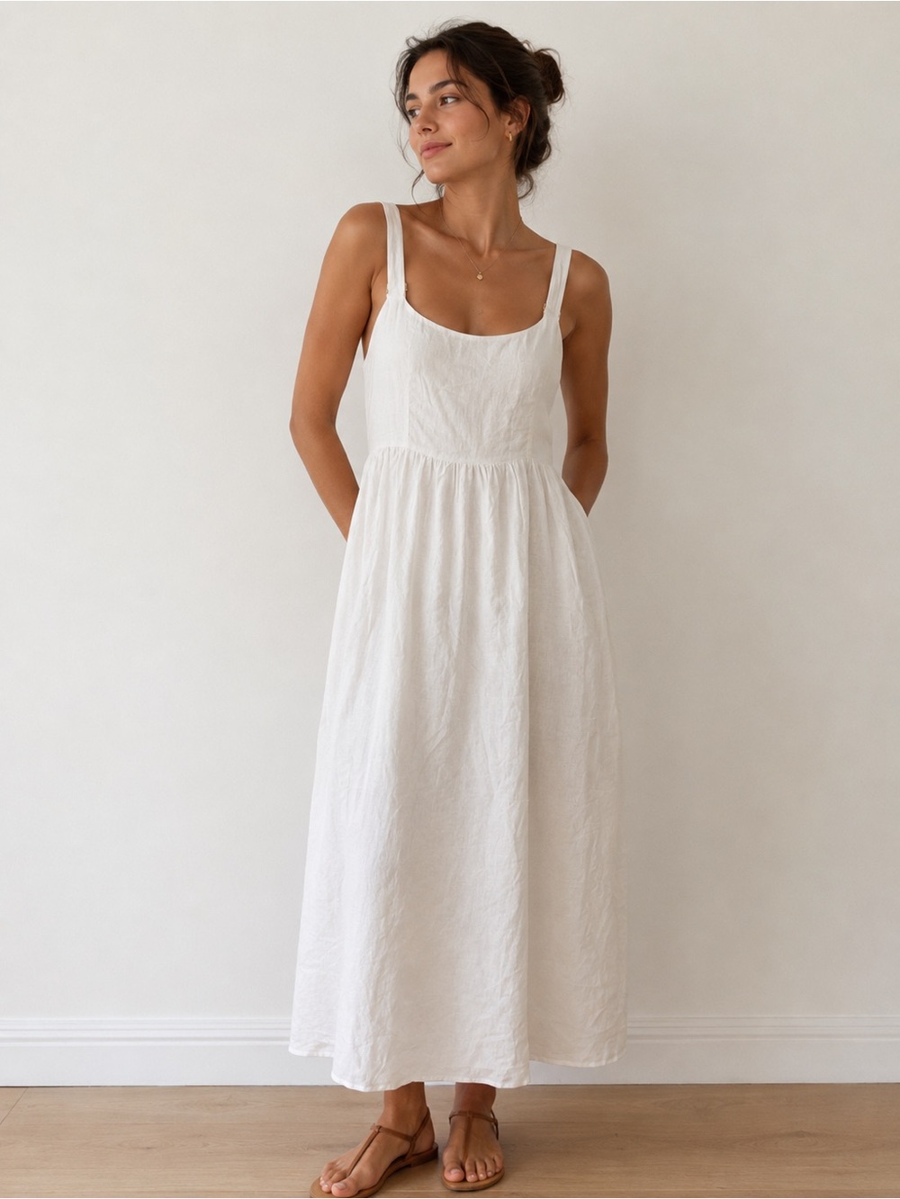 DISSH White Maxi Dress 100% Linen Empire Waist Babydoll Sundress US 6 - Picture 9 of 9